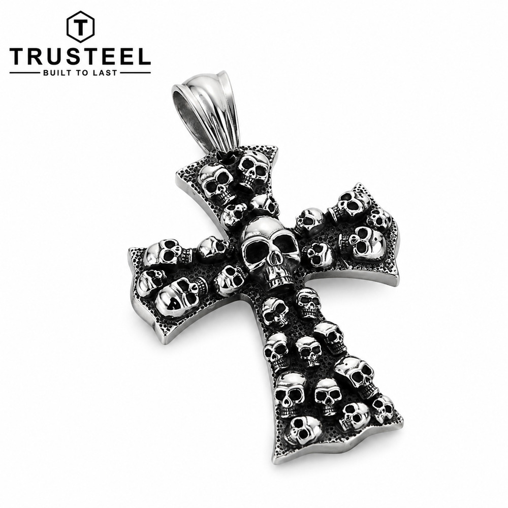 316L Stainless Steel Skull Cross Pendant Gothic Biker Necklace Charm for Men